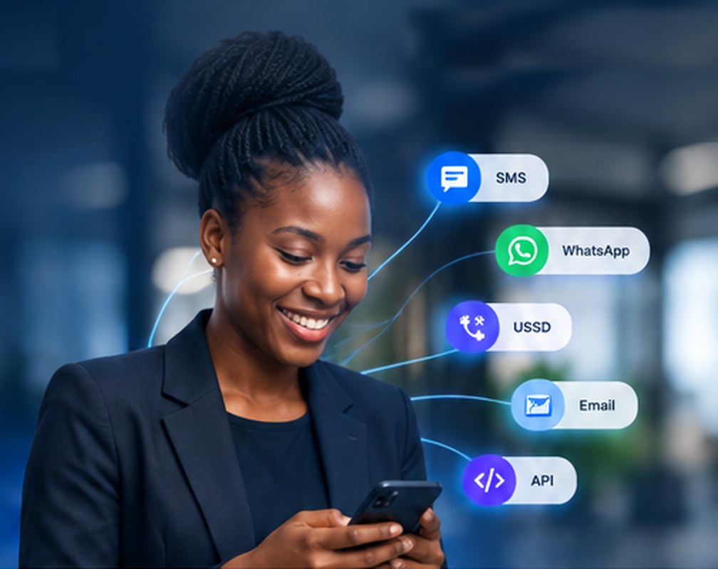 Professional smiling while messaging on her phone, with SMS, WhatsApp, USSD, Email and API channels connected