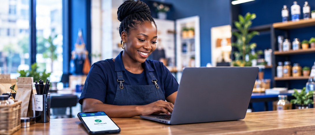 Small business owner at her shop counter sending an SMS campaign from a laptop, phone showing a delivered message