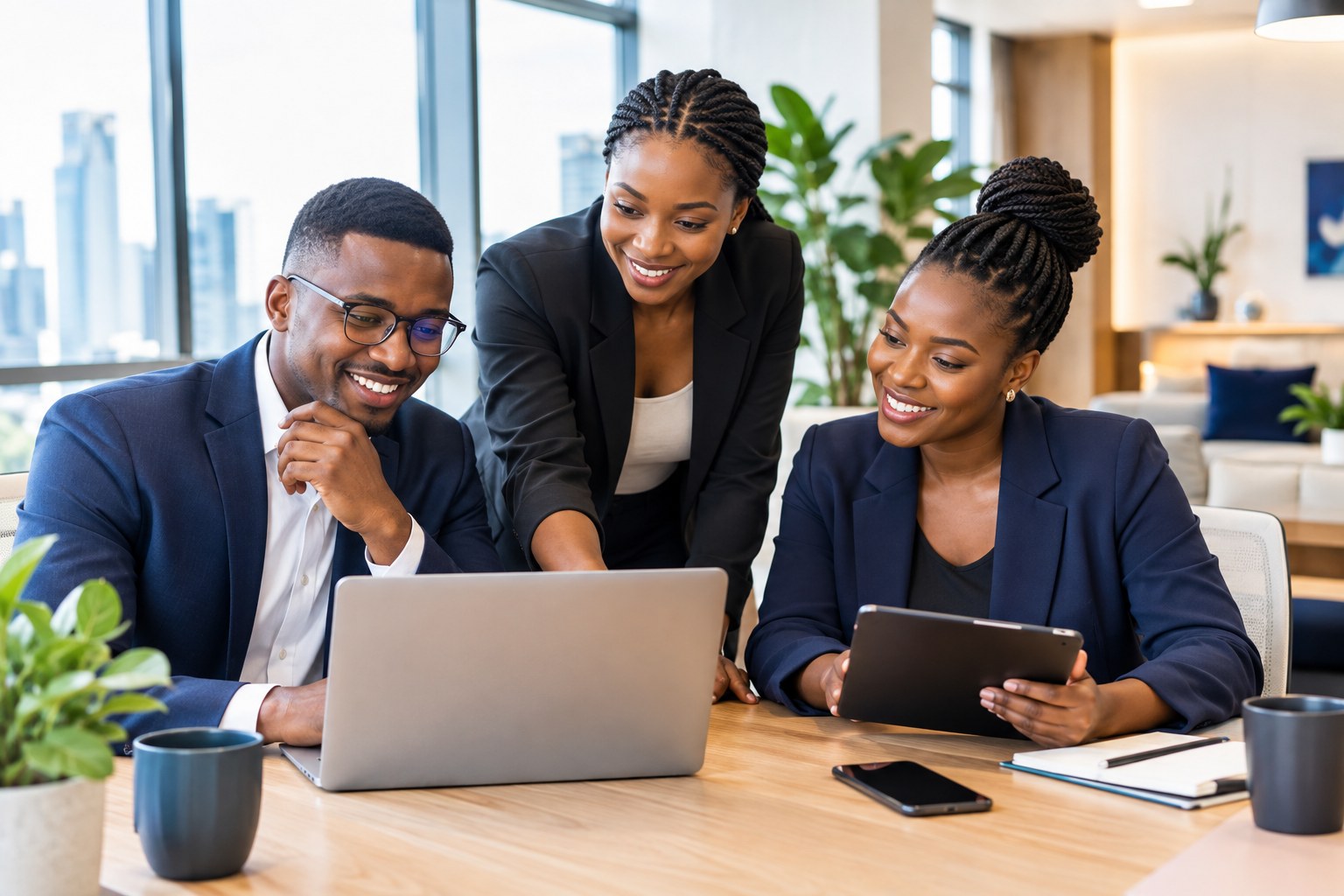 Three professionals smiling as they review campaign results together on a laptop and tablet in a bright Nairobi office